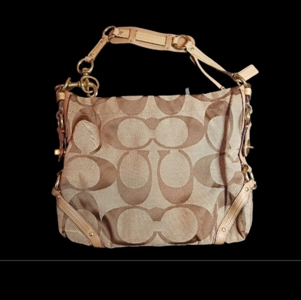 Coach Signature Carly Jaquard Khaki Hobo Handbag Purse‎
